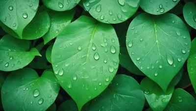The primary subject of the image is a close-up of a leaf with water droplets on it. The leaf is green and appears to be a part of a larger plant. The setting is a forest, with the leaf surrounded by other leaves and plants. The visual style is a close-up of the leaf, emphasizing the water droplets on it. The colors are predominantly green, with the water droplets adding a touch of blue. The overall atmosphere is serene and natural, showcasing the beauty of