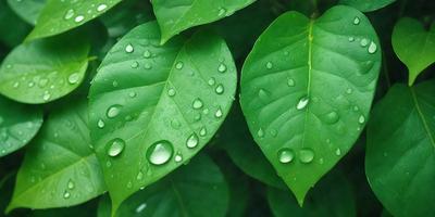 The primary subject of the image is a close-up of a leaf with water droplets on it. The leaf is green and appears to be a part of a tree. The setting is outdoors, with the leaf being the main focus of the image. The visual style is a close-up, which emphasizes the details of the water droplets on the leaf. The colors in the image are predominantly green, which adds to the natural and serene atmosphere of the scene.