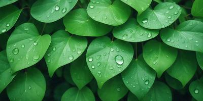 The primary subject of the image is a close-up of a leaf covered in water droplets. The leaf is green and appears to be a part of a larger plant. The setting is a natural environment, with the leaf being surrounded by other leaves. The visual style is a close-up of the leaf, showcasing the water droplets on its surface. The colors are predominantly green, with the water droplets adding a touch of blue. The overall atmosphere is serene and peaceful, as the image capt
