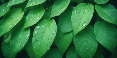 The primary subject of the image is a close-up of a leaf with water droplets on it. The leaf is green and appears to be a part of a larger plant. The setting is a natural environment, with the leaf being surrounded by other leaves. The visual style is a close-up of the leaf, capturing the details of the water droplets. The colors are predominantly green, with the water droplets adding a touch of blue. The overall atmosphere is serene and peaceful, as the image show
