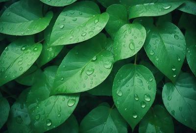 The primary subject of the image is a close-up of a leaf with water droplets on it. The leaf is green and appears to be a part of a larger plant. The setting is a natural environment, with the leaf being the main focus of the image. The visual style is a close-up, which emphasizes the details of the leaf and the water droplets. The colors are predominantly green, which adds to the natural and serene atmosphere of the image.