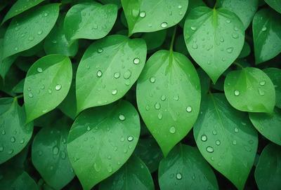The primary subject of the image is a close-up of a leaf with water droplets on it. The leaf is green and appears to be a part of a larger plant. The setting is a natural environment, with the leaf being the main focus of the image. The visual style is a close-up, which emphasizes the details of the water droplets on the leaf. The colors in the image are predominantly green, which adds to the natural and serene atmosphere of the scene.