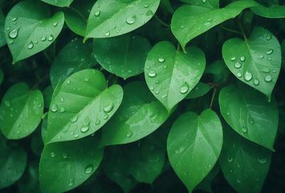 The primary subject of the image is a close-up of a leaf covered in water droplets. The leaf is green and appears to be a part of a larger plant. The setting is a close-up of the leaf, with no background visible. The visual style is a close-up of the leaf, which gives a sense of detail and focus on the subject. The colors and mood of the image are dominated by the green leaf and the water droplets, creating a serene and natural atmosphere.