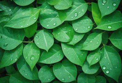 The primary subject of the image is a close-up of a leaf covered in water droplets. The leaf is green and appears to be a part of a larger plant. The setting is a close-up of the leaf, with no background visible. The visual style is a close-up of the leaf, which gives a sense of detail and texture. The colors are predominantly green, with the water droplets adding a touch of blue. The overall atmosphere is calm and serene, as the image captures the beauty of