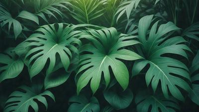 The image features a lush green forest filled with large, green leaves. The leaves are arranged in a way that creates a sense of depth and dimension. The forest appears to be a tropical or jungle-like environment, with the leaves providing a sense of tranquility and natural beauty. The visual style of the image is a close-up of the leaves, showcasing their intricate details and textures. The colors and mood of the image are predominantly green, with a hint of brown, creating a serene