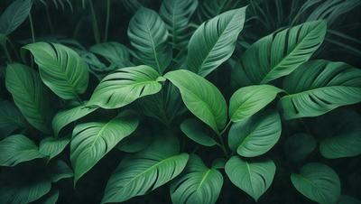 The image features a close-up of a large green leaf, possibly a fern, with a few other leaves in the background. The primary subject is the leaf, which is the main focus of the image. The setting is a lush green environment, with the leaf being the primary subject. The visual style is a close-up of the leaf, which gives a sense of depth and detail. The colors and mood are predominantly green, creating a serene and natural atmosphere.