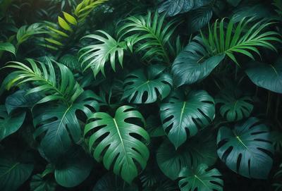 The image features a lush green forest filled with large green leaves. The leaves are arranged in a dense pattern, creating a vibrant and thriving environment. The primary subject of the image is the abundance of green leaves, which are the main focus of the scene. The setting is a forest, and the visual style is a natural, realistic representation of the environment. The colors and mood of the image are predominantly green, conveying a sense of freshness and vitality.