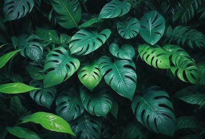 The primary subject of the image is a large green leaf with a heart shape in the center. The leaf is surrounded by other green leaves, creating a lush and vibrant scene. The setting is a forest, with the leaves growing on trees. The visual style is a close-up of the leaf, emphasizing its unique shape and texture. The colors and mood of the image are predominantly green, conveying a sense of freshness and natural beauty.