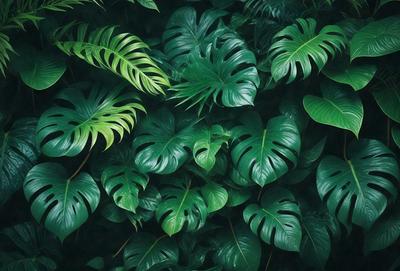 The image features a lush green forest filled with large green leaves. The leaves are arranged in a dense pattern, creating a vibrant and natural atmosphere. The primary subject of the image is the abundance of green leaves, which are the main focus of the scene. The setting is a forest, and the visual style is a close-up of the leaves, showcasing their intricate details. The colors and mood of the image are predominantly green, reflecting the natural environment and the lushness of the forest.