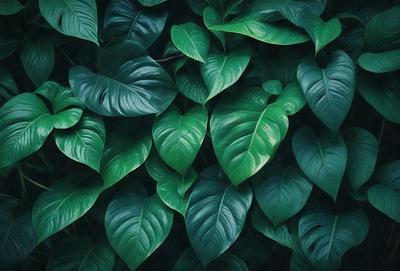 The image features a large green plant with many leaves, creating a dense and lush environment. The plant is the primary subject, and it is set against a backdrop of a forest. The visual style of the image is a photo, capturing the natural beauty of the plant. The dominant colors in the image are green, which creates a calm and serene atmosphere.