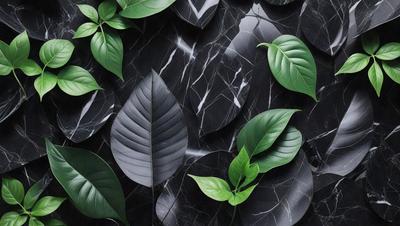 The primary subject of the image is a close-up of a leaf, which is placed on a black marble surface. The leaf is surrounded by other leaves, creating a visually appealing and natural scene. The setting appears to be a black marble wall, which adds a sense of sophistication and elegance to the image. The visual style is a close-up of the leaf, emphasizing its details and texture. The colors in the image are predominantly black and green, giving the scene a calm and serene