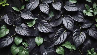 The primary subject of the image is a large group of black leaves, which are arranged in a dense pattern. The leaves are spread across the entire image, covering the entire frame. The setting appears to be a dark, moody environment, possibly a forest or a dark room. The visual style of the image is a close-up of the leaves, showcasing their intricate details. The dominant colors in the image are black and green, creating a dramatic and mysterious atmosphere.