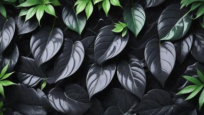 The primary subject of the image is a large group of black leaves, which are arranged in a pattern. The leaves are displayed against a black background, creating a striking visual effect. The image appears to be a digital art or illustration, showcasing the artist's skill in creating intricate patterns and designs. The overall atmosphere of the image is dark and moody, with the black leaves serving as the main focal point.