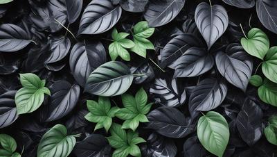 The primary subject of the image is a close-up of a green leaf, surrounded by a variety of black leaves. The setting is a close-up of a leaf, with a background of a leafy plant. The visual style is a close-up of a leaf, with a focus on the details of the plant. The colors and mood of the image are predominantly green, with a sense of freshness and natural beauty.