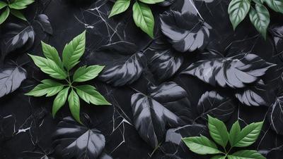 The primary subject of the image is a close-up of a leaf, which is the main object in the scene. The leaf is placed on a black marble surface, creating a striking contrast between the green leaf and the dark background. The visual style of the image is a combination of photo and digital art, as it appears to be a close-up of a real leaf, yet the background is black marble, which is not a natural setting for a leaf. The colors and mood of the image are predominantly dark, with