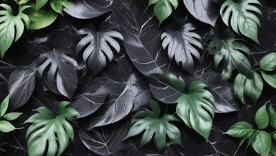 The primary subject of the image is a large black and green leafy plant. The setting is a wall with a black and white pattern, and the visual style is a close-up of the plant. The dominant colors are black and green, creating a bold and striking visual effect.