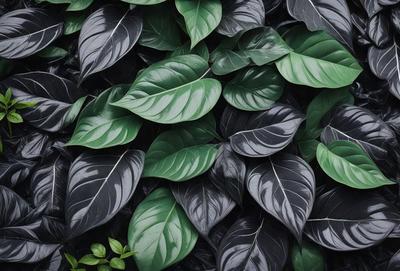 The primary subject of the image is a large green plant with black leaves, which is growing on a wall. The plant is surrounded by a variety of green leaves, creating a dense and lush appearance. The setting is an outdoor environment, with the plant growing on a wall, possibly in a garden or a natural setting. The visual style of the image is a close-up of the plant, showcasing its intricate details and textures. The dominant colors in the image are green and black, giving the scene a vibrant