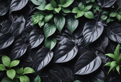 The primary subject of the image is a large green plant with long, curved leaves. The plant is growing on a black background, which adds a striking contrast to the vibrant greenery. The visual style of the image is a close-up of the plant, showcasing its intricate details. The colors and mood of the image are predominantly green, with the black background providing a dramatic and moody atmosphere.