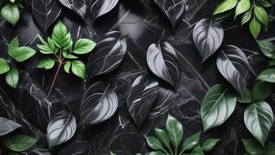 The primary subject of the image is a collection of black and white leaves arranged on a black marble wall. The leaves are placed in various positions, creating a visually appealing pattern. The setting is a black marble wall, which serves as the background for the leaves. The visual style of the image is a combination of photo and digital art, as it appears to be a photograph of a digital artwork. The dominant colors in the image are black and white, giving it a classic and elegant appearance.