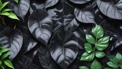 The primary subject of the image is a large collection of black leaves, which are arranged in a visually appealing manner. The leaves are displayed on a black background, creating a striking contrast. The visual style of the image is a close-up of the leaves, showcasing their intricate details. The dominant colors in the image are black and green, giving the scene a moody and dramatic atmosphere.
