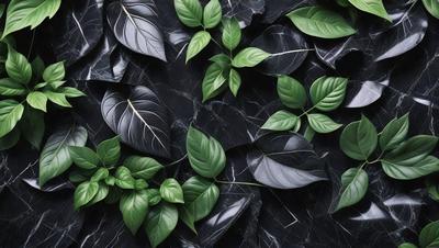 The primary subject of the image is a close-up of a green plant with large leaves. The plant is surrounded by a black background, which creates a striking contrast with the greenery. The visual style of the image is a photo, capturing the details of the plant and its leaves. The colors and mood of the image are predominantly green, with the plant being the main focus and creating a sense of freshness and vitality.
