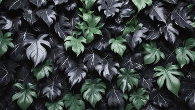 The primary subject of the image is a large green plant with black leaves, which is the main focus of the scene. The plant is surrounded by a variety of green leaves, creating a lush and vibrant atmosphere. The setting appears to be a close-up of the plant, with the background being a wall covered in green leaves. The visual style of the image is a combination of a photo and digital art, as it captures the intricate details of the plant while also showcasing the artist's creativity in the composition