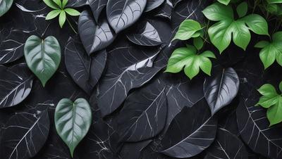 The primary subject of the image is a wall covered in black and green leaves. The setting is a black and white photo, giving it a classic and timeless appearance. The visual style is a close-up of the leaves, showcasing their intricate details. The colors and mood of the image are predominantly black and green, creating a sense of depth and contrast.