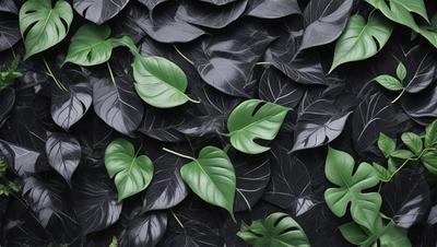 The primary subject of the image is a large group of green leaves, which are the main objects in the scene. The leaves are arranged in a pattern, creating a visually appealing and natural backdrop. The setting appears to be a black background, which contrasts with the green leaves, emphasizing their vibrant color. The visual style of the image is a close-up of the leaves, showcasing their intricate details and textures. The overall atmosphere of the image is serene and calming, with the green leaves