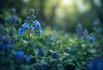 Primary subject: Flowers
Setting/background: A lush green field with trees in the background
Visual style: Photo
Colors and mood: The flowers are blue and purple, creating a serene and calming atmosphere.