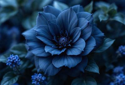 The primary subject of the image is a large, dark blue flower with a yellow center. The setting is a garden, with the flower sitting on a bed of green leaves. The visual style is a close-up of the flower, showcasing its details. The dominant colors are blue and yellow, creating a calm and serene atmosphere.