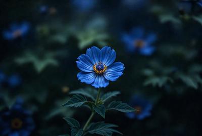 The primary subject of the image is a blue flower with a yellow center, sitting in a dark, leafy environment. The setting appears to be a forest or a garden, with the flower being the focal point. The visual style of the image is a close-up of the flower, emphasizing its details and colors. The dominant colors in the image are blue and yellow, creating a serene and calming atmosphere.