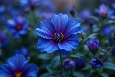 The primary subject of the image is a beautiful blue flower with a yellow center, surrounded by a field of other blue flowers. The setting is a garden, with the flowers blooming in a vibrant blue hue. The visual style of the image is a close-up of the flower, showcasing its intricate details. The colors and mood of the image are serene and calming, with the blue flowers creating a peaceful atmosphere.