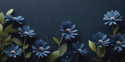 The primary subject of the image is a bouquet of blue flowers, which are the main objects in the scene. The flowers are arranged in a vase, and they are set against a dark blue background. The visual style of the image is a close-up of the flowers, which gives a sense of depth and detail. The dominant colors in the image are blue and green, creating a calm and serene atmosphere.