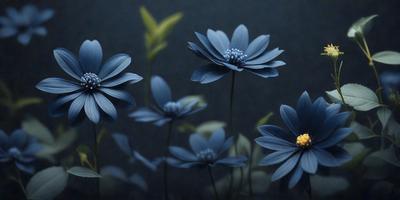 The primary subject of the image is a group of blue flowers, which are the main objects in the scene. The setting is a dark background, which creates a moody atmosphere. The visual style is a combination of photo and digital art, as the flowers are depicted in a realistic manner while the background is digitally created. The colors and mood of the image are predominantly dark and dramatic, with the blue flowers standing out against the black background.