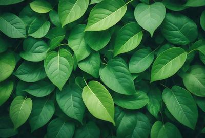 The primary subject of the image is a large group of green leaves, which are the main objects in the scene. The leaves are arranged in a dense, leafy pattern, creating a lush and vibrant visual style. The setting is a green background, which further emphasizes the natural and fresh appearance of the leaves. The overall atmosphere is one of growth, vitality, and abundance.