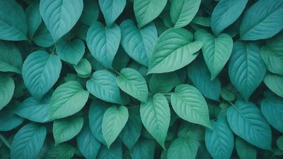 The image features a lush green plant with large leaves, creating a dense and vibrant forest-like setting. The plant's leaves are prominently displayed, covering a significant portion of the image. The visual style appears to be a close-up of the plant, emphasizing its intricate details. The colors and mood of the image are predominantly green, conveying a sense of freshness and vitality.