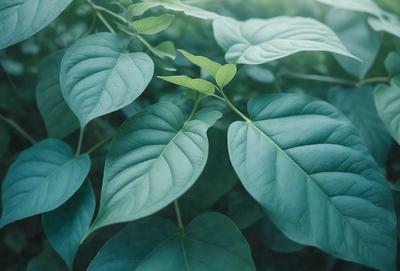 The primary subject of the image is a leafy green plant with large leaves. The plant is surrounded by a lush green forest, creating a serene and natural atmosphere. The visual style of the image is a close-up of the plant, showcasing its intricate details. The colors and mood of the image are predominantly green, with a sense of tranquility and harmony with nature.