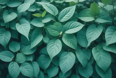 The image features a lush green forest filled with green leaves. The leaves are large and abundant, covering the entire scene. The forest appears to be a dense, thriving environment, with the leaves providing a sense of tranquility and natural beauty. The visual style of the image is a close-up of the leaves, showcasing their intricate details and textures. The colors and mood of the image are predominantly green, creating a serene and peaceful atmosphere.