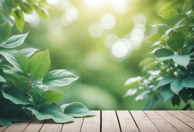 The primary subject of the image is a leaf, which is placed on a wooden surface. The setting is a forest, with the leaf surrounded by green leaves and a sunny atmosphere. The visual style is a photo, capturing the natural beauty of the leaf and its surroundings. The colors and mood are predominantly green, with the sunlight creating a warm and inviting ambiance.