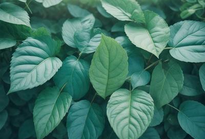 The primary subject of the image is a close-up of a leaf, which is the main object in the scene. The leaf is green and appears to be growing on a plant. The setting is a lush green environment, with the leaf being the focal point of the image. The visual style is a close-up of the leaf, which gives a sense of detail and texture. The colors are predominantly green, creating a calm and natural atmosphere.