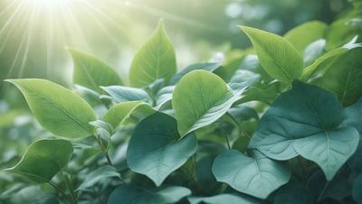 The primary subject of the image is a group of green leaves, which are the main objects in the scene. The leaves are arranged in a pattern, creating a visually appealing composition. The setting is a lush green forest, with the leaves growing on trees and bushes. The visual style of the image is a close-up of the leaves, showcasing their intricate details. The colors and mood of the image are predominantly green, conveying a sense of freshness and natural beauty.