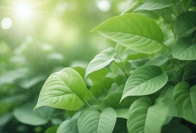 The primary subject of the image is a leafy green plant with large leaves. The plant is surrounded by a lush green environment, which adds to the overall atmosphere of the scene. The visual style of the image is a photo, capturing the natural beauty of the plant in its natural habitat. The colors and mood of the image are predominantly green, creating a serene and peaceful ambiance.