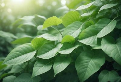 The image features a lush green forest with a variety of green leaves and plants. The primary subject is a close-up of a leafy plant, showcasing its vibrant green color. The setting is a forest environment, with the plants and leaves spread across the scene. The visual style is a realistic representation of the natural world, capturing the beauty of the greenery. The colors and mood of the image are predominantly green, creating a serene and peaceful atmosphere.