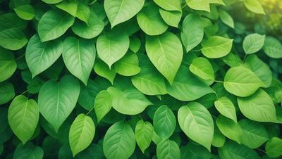 The image features a lush green plant with large leaves, creating a dense and vibrant forest-like setting. The plant's leaves are the primary subject, and they are the main focus of the image. The visual style is a close-up of the plant, showcasing its intricate details. The colors and mood of the image are predominantly green, which adds to the natural and serene atmosphere.