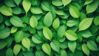 The primary subject of the image is a large group of green leaves, which are the main objects in the scene. The leaves are arranged in a dense, leafy pattern, creating a lush and vibrant visual style. The setting is a green background, which further emphasizes the natural and fresh appearance of the leaves. The overall atmosphere is one of growth, vitality, and abundance.