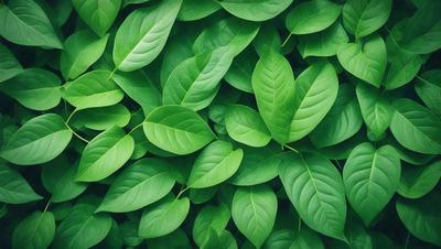 The primary subject of the image is a large group of green leaves, which are the main objects in the scene. The leaves are arranged in a dense, leafy pattern, creating a lush and vibrant visual style. The setting is a green background, which further emphasizes the natural and fresh appearance of the leaves. The overall atmosphere is one of growth, vitality, and abundance.