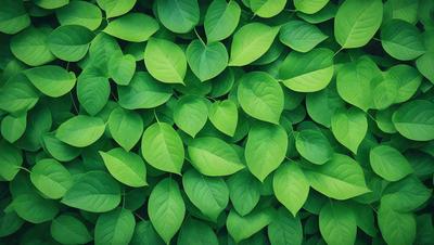 The primary subject of the image is a large group of green leaves, which are the main objects in the scene. The leaves are arranged in a dense, leafy pattern, creating a lush and vibrant visual style. The setting is a green background, which further emphasizes the natural and fresh appearance of the leaves. The overall atmosphere is one of growth, vitality, and abundance.
