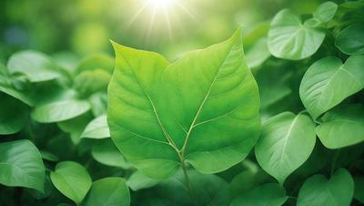 The primary subject of the image is a large green leaf, which is the main object, scene, or focus of the image. The leaf is set against a backdrop of a lush green forest, creating a serene and natural atmosphere. The visual style of the image is a photo, capturing the leaf in its natural environment. The dominant colors in the image are green, which is the color of the leaf, and various shades of green from the surrounding forest.