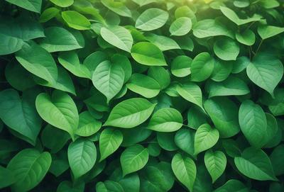 The primary subject of the image is a large, lush green plant with many leaves. The plant is surrounded by a vibrant green background, creating a sense of freshness and vitality. The visual style of the image is a close-up of the plant, showcasing its intricate details and textures. The colors and mood of the image are predominantly green, which evokes a sense of tranquility and connection to nature.