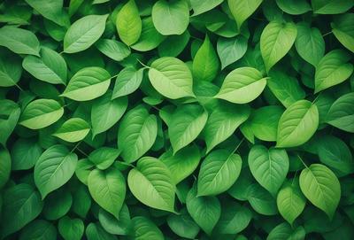 The image features a lush green plant with large leaves, creating a dense and vibrant forest-like setting. The primary subject is the abundance of green leaves, which are the main focus of the image. The visual style is a close-up of the plant, showcasing the intricate details of the leaves. The colors and mood of the image are predominantly green, conveying a sense of freshness and vitality.